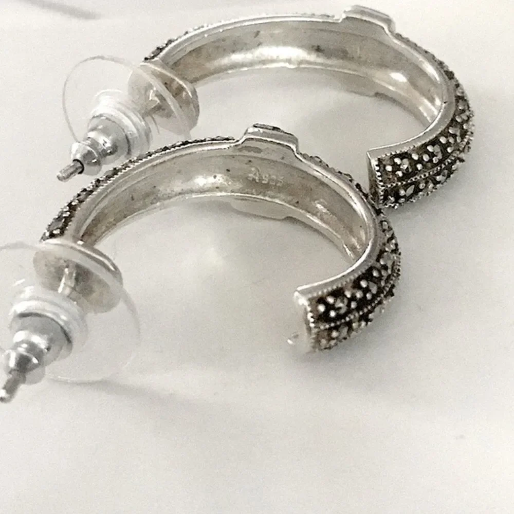 VTG Onyx Marcasite Sterling Demi Hoops Earrings